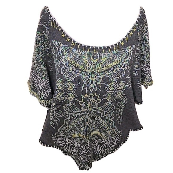 Free People Mayan Sunburst Short Sleeve Sweater cow neck size M - Picture 2 of 7